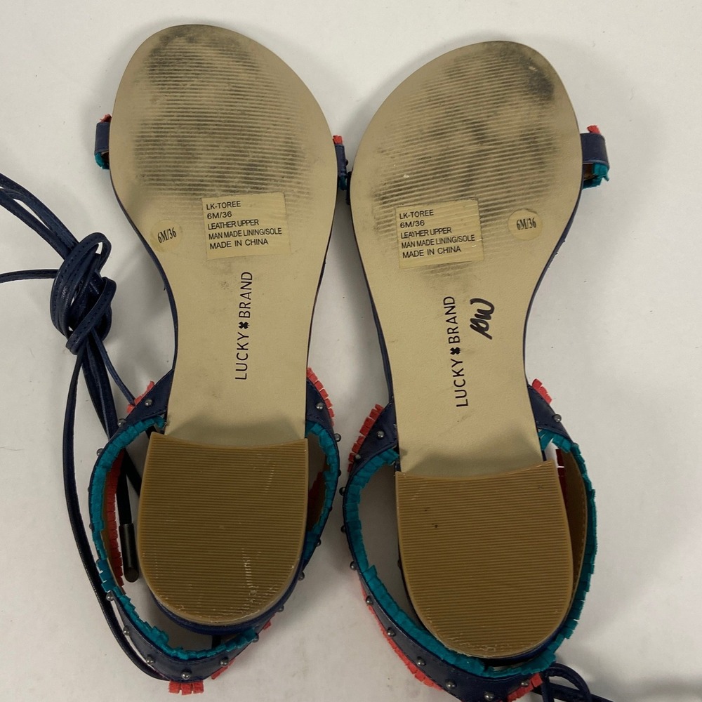 Lucky Brand Toree Navy Blue Leather Fringe Studded Lace Ankle Sandals 6M Flats - Picture 5 of 5